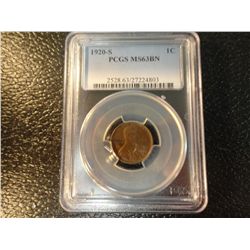 1920-S LINCOLN CENT PCGS MS 63 BN