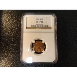 1951-S LINCOLN CENT NGC MS 67 RD