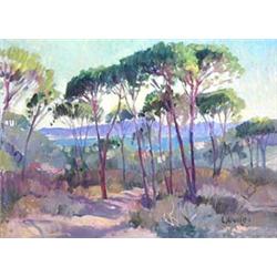 CONSTANTIN KLUGE (French. Born 1912) "Wooded Landscape by Lake". Signed C. Kluge l/r. Also signed...