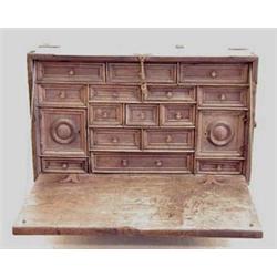 RENAISSANCE IRON MOUNTED WALNUT VARGUENO Spanish. 18th Century. The rectangular case with fall fr...