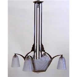 ART DECO DEGUE SILVERED METAL AND MOLDED GLASS FOUR LIGHT CHANDELIER French. Circa 1930. Molded D...