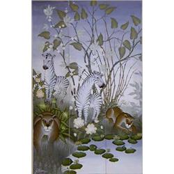 GUSTAVO NOVOA (Chilean. Born 1939) "At the Water Hole". Signed G. Novoa and dated 1973. Three Pan...