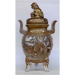 LARGE AND VERY FINE SATSUMA POTTERY KORO AND COVER Japanese. Meiji Period. Late 19th Century. Pai...
