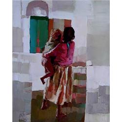 NICOLA SIMBARI (Italian. Born 1927) "Mother Holding Child in Courtyard". Signed Simbari and dated...