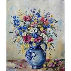 FRENCH SCHOOL (20th Century) "Flowers in a Pitcher". Signed indistinctly l/l. Oil on Canvas. Meas...