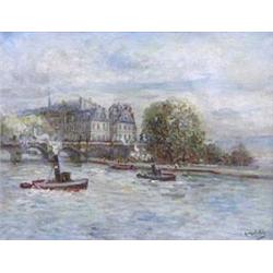 GUSTAVE MADELAIN (French. 1867-1944) "Remorques Sur La Seine". Signed G. Madelain l/r. Oil on Can...