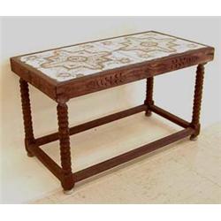 RENAISSANCE STYLE TILE INLAID OAK LOW TABLE Spanish. 19th Century. The rectangular top inset with...