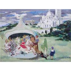 JEAN ISY DE BOTTON (French. 1898-1978) "Paris-Carousel Sur La Butte Montmartre". Signed Jean de B...