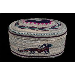 Nuu-chah-nulth Dome Top Basket with Sea Monster and Bird Design 5" L. 3 1/2" W. 2 1/2" H.  Fine Cond