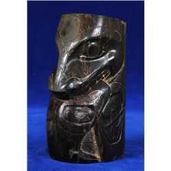 Finely Carved Early Haida Argillite Totem of a Wasco Biting His Tail ca. 1890 5 1/2" H. 3" W. As Is