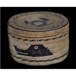 Makah Lidded Basket, Finely Woven with Wolf Design 3 7/8" D. 2 1/2" H.  Fine Condition