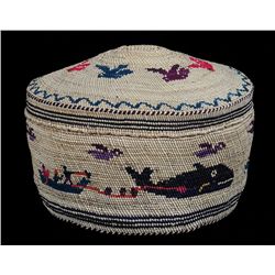 Nuu-chah-nulth Dome Top Basket Designed with Eagle, Fish, Bird and Whalers in Canoe Hunting a Whale 