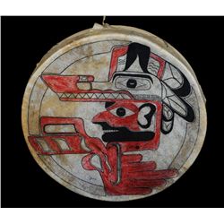 Nuu-chah-nulth Drum Painted with Wolf Dancer Design 16 1/4" D.  Good Condition