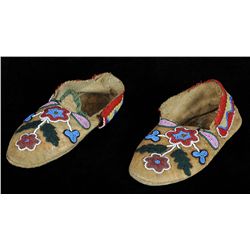 Pair of 19TH C. Cree Beaded Moccasins with Classic Floral Design and Cuffs Beaded on Trade Cloth 8 1