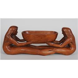 Northwest Coast Double Mermaid Bowl Carved by Corky Baines '86  20" W. 71/2" H.  Good Condition