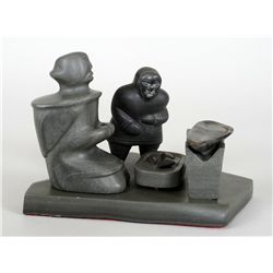 Inuit Soapstone Six Piece Cooking Scene Carved by Mina Eyaiteek (b. 1951) 5 3/4"x 7 1/4" Base 5 5/8"