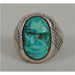 Navajo Silver and Turquoise Ring with Carved Turquoise Face Size 10 1/2Good Condition