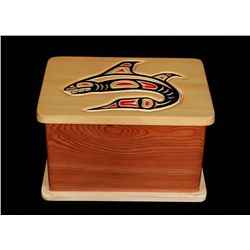 Northwest Coast Lidded Bent Wood Box Carved with Stylized Shark, Made with Arkansas Aromatic Cedar a