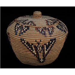 Lillooet Coiled Knob Top Nut Basket with Butterfly Imbricated Design 8" D. 6 1/2" H.  Fine Condition