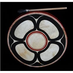 Salish Drum with Painted Ovoid Design by Roy ... Child and Jim Charlie 16" D.  Good Condition
