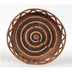 Salish Handled Basketry Tray with Gallery and Fully Imbricated Design 16" D.  Good Condition