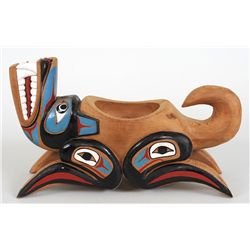 Northwest Coast Wolf Bowl Carved by Corky Baines '88  12" L. 5" W. 7" H.  Good Condition