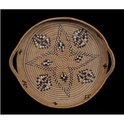 Lillooet Handled Basketry Tray with Imbricated Star Design 13 3/4" D.  Good Condition