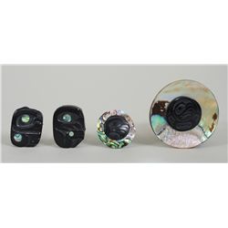 Two Haida Abalone and Argillite Bear Pendants Carved by Hecktor Thompson 1" W and 1 7/8" W. and Two 
