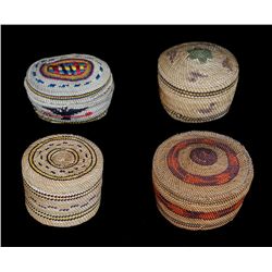 Three Nuu-chah-nulth Lidded Baskets 2 5/8" D. - 3 1/4" D.  All in Good Condition and a Lidded Makah 
