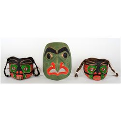 Two Small Masks Carved by A.E. Cecil 4" H. 6 1/2" W. Good Condition and an Eagle Mask - Artist Unkno