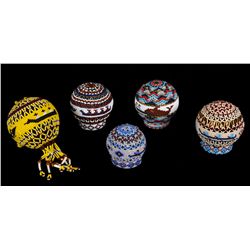 Five Nuu-chah-nulth Beaded Covered Glass Floats 2 1/2" H. - 3 1/2" D.  All in Fine Condition