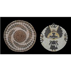 Two Hopi Basketry Trays - Kachina Motif 10" D.  Good Condition with Minor Rim Loss and an Early Tray