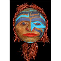 "New Moon" Mask with Cedar Bark Trim Carved by Klatle-Bhi 19" D.  Good Condition