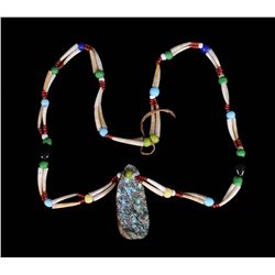 Dentallium Shell Necklace ca. 1900 with Trade Beads and Abalone Pendant 30" L. (Pendant 2 1/2" L.)  