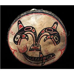 Early Northwest Coast Drum Painted with Whale and Eagle Design 22" D.  Good Condition