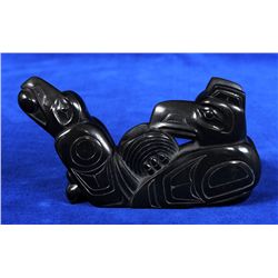 Haida Argillite Panel Pipe by Garnor Moody Depicts a Raven Holding a Clam Shell (Pipe Bowl) and a Ra