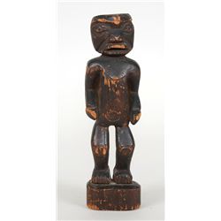 19TH C. Tlingit Standing Shaman Carved Figure with Dark Aged Patina 10" H. 2 3/4" W. Base  Good Cond