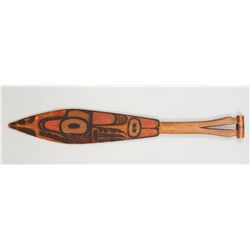 19TH C. Haida Dance Paddle with Carved Wolf Design on One Side and Painted Raven Design on Other Sid