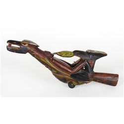 19TH C. Tlingit Shaman's Raven Rattle with Reclining Shaman, Frog, Kingfisher and Hawk 14" L. 5 1/4"