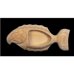 Yellow Cedar Halibut Bowl Carved by Tom LaFortune 40" L. 18" W.  Good Condition