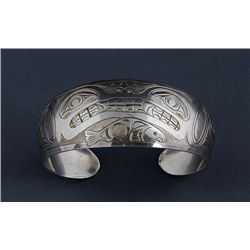 Northwest Coast Silver Bracelet with Killer Whale and Salmon Design Signed R.D. '77  6 3/8" L. 1" W.