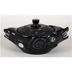 Superb Argillite Wasco-Killer Whale Lidded Bowl Carved by Alfie Collinson - Skidegate, B.C. 12 1/2" 
