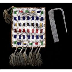 19TH C. Blackfoot Beaded Strike-A-Lite Bag with Geometric Design 5" H. 3" W.  Good Condition with De