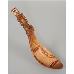 Tsimshian Spoon with Carved Human and Raven Handle and Painted Design on Bowl ca. 1910  10 3/4" L. 2