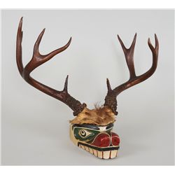 Northwest Coast Deer Spirit Carving with Deer Horns ca. 1920's 15" W. 11 1/2" H.  Good Condition