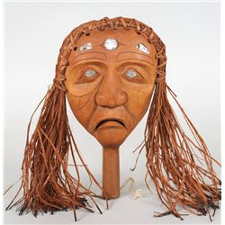 Northwest Coast Rattle, Carved On Both Sides and Cedar Bark Hair by David Marsdon 11" H. 6 1/2" W.  