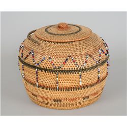 Athabascan Knob Top Handled Willow Basket with Beaded Design Deaccessioned Glenbow Museum