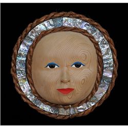 Moon Lady Mask with Cedar Bark Trim Carved by Stan Greene 12" H. 12" W.  Good Condition