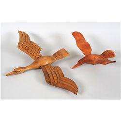 Two Northwest Coast Bird Rattles; Hummingbird 12" L. 16" W. and Goose 17" L. 27 1/2" W.  Both In Goo