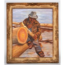 Painting of Capt. Andy Brown Carving by Jean Ness Findlay, Signed and Dated 1940  25"x 30" Framed, C